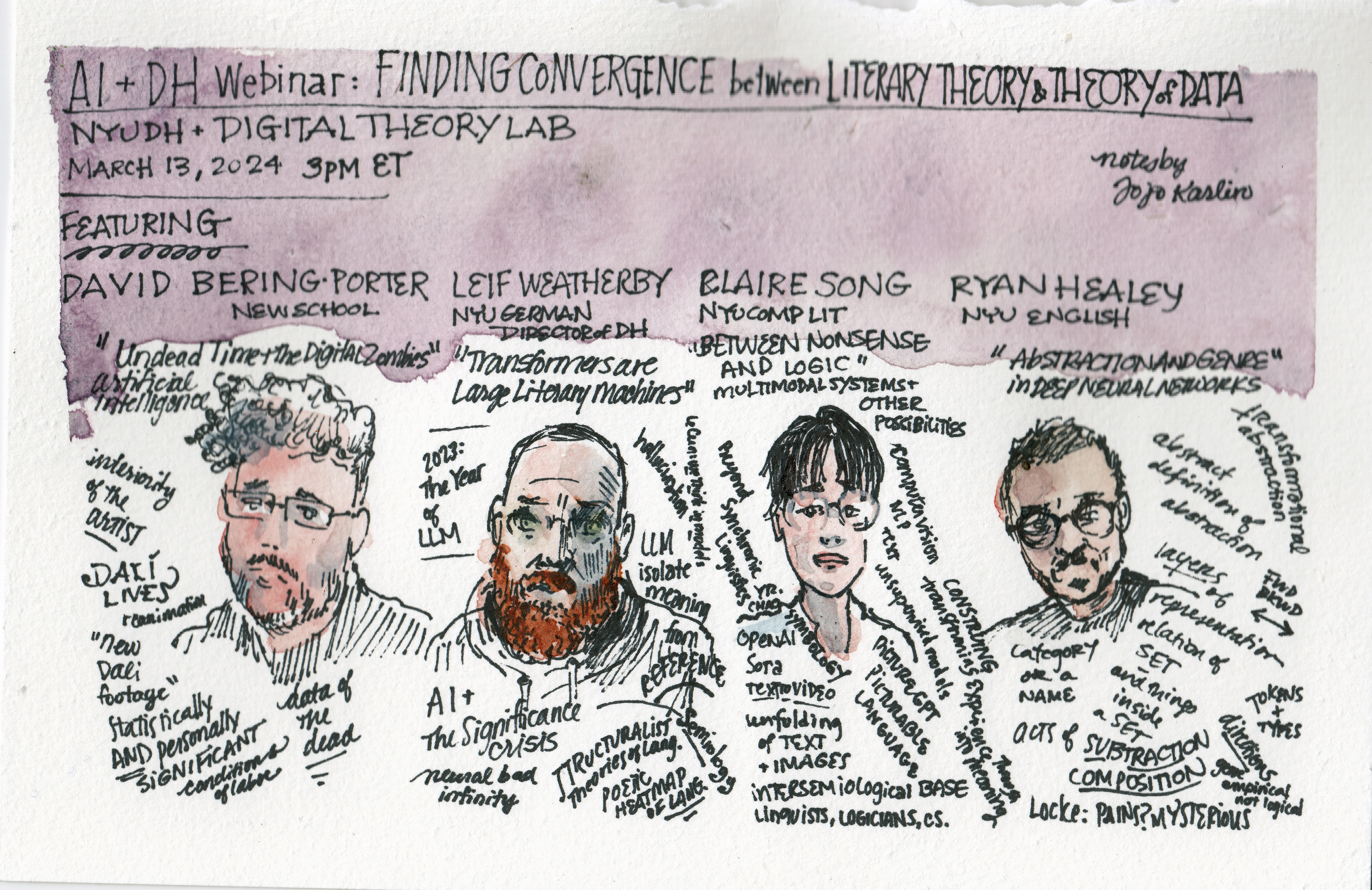 illustration of speakers David Bering-Porter, Leif Weatherby, Claire Song, and Ryan Healey surrounded by keywords from their talks, by Jojo Karlin